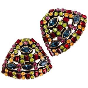 Vintage Signed Heidi Daus Multicolor Rhinestone Clip On Earrings Bronze Tone